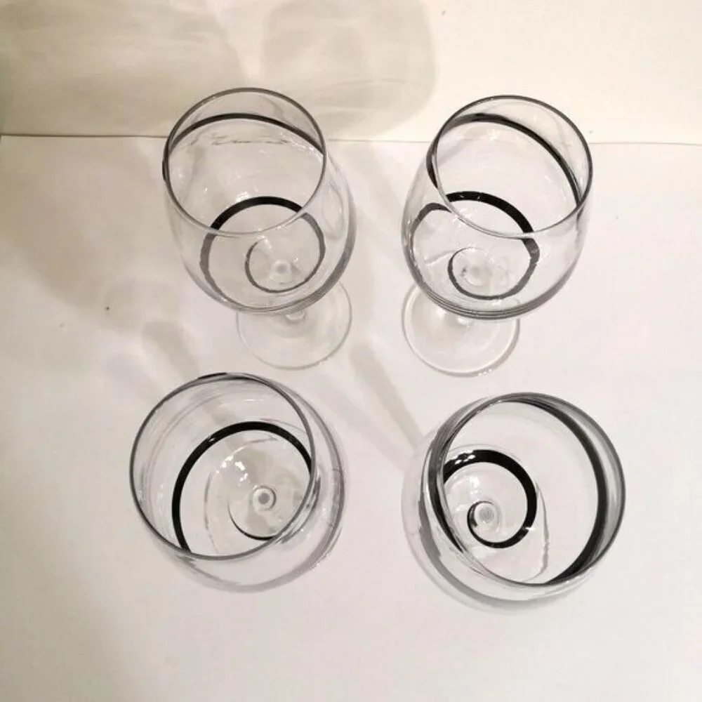 Pier 1 Black‎ Swirline Clear Glass Goblets Wine Discontinued Hand Blown Set of 4